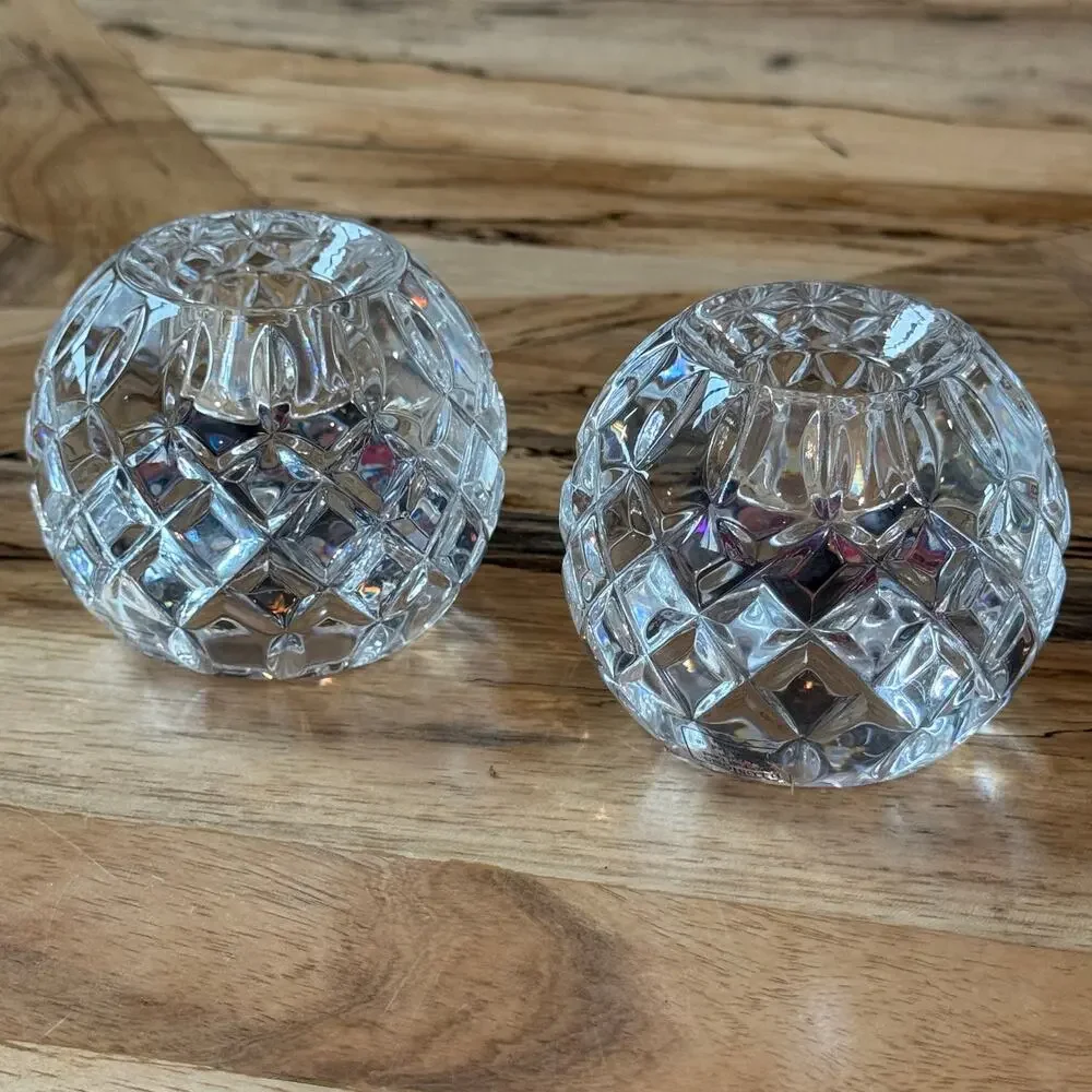 Pair VTG Illusions Samobor 24% Lead Crystal Votive Candle Holder Rose Bowl Set 2